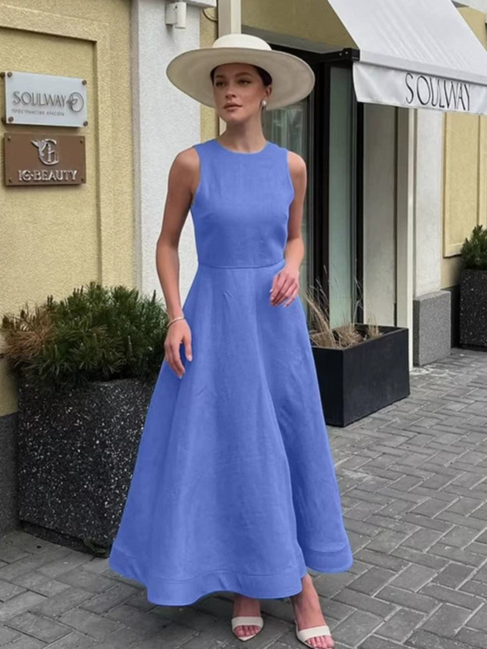 Forever 21 Vacation Blue Linen Cotton Round Neck Letter Tank Maxi Dress Spring